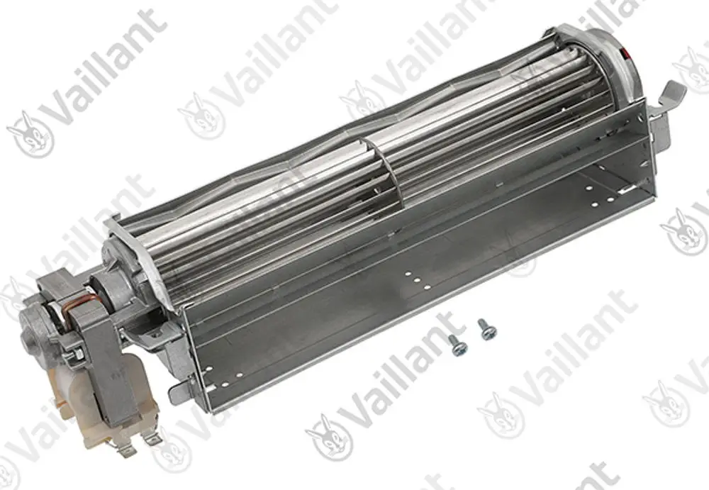 Vaillant Querstromlüfter in Metallausführung, sichtbar sind zwei Schrauben und der Anschlussbereich. Gerät zur Luftzirkulation in Heizsystemen.